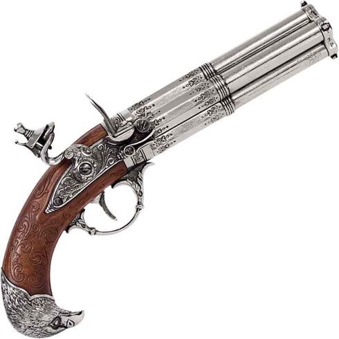 Four Barrel Revolving Wood Grip Eagle Flintlock Pistol