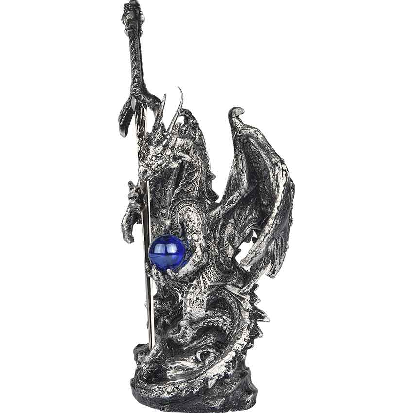 Silver Dragon with Sword Statue - 05-71329 - Medieval